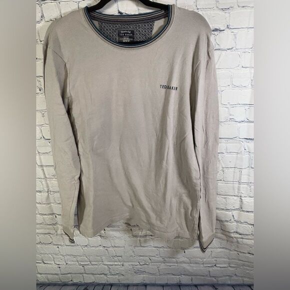 Ted Baker London Dressed to Chill Gray Navy Trim Minimalist Long Sleeve Tshirt M - Picture 1 of 11